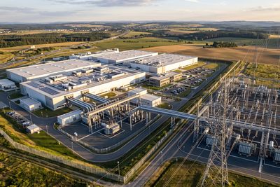 Das Bild zeigt ein Rechenzentrum neben einem Umspannwerk