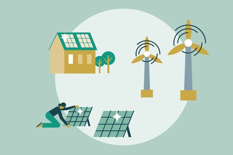 Grafik zeigt verschiedene Erneuerbare-Energien-Anlagen wie Windräder, Photovoltaik auf einem Dach eines Einfamilienhauses sowie freistehende Photovoltaik-Anlagen.